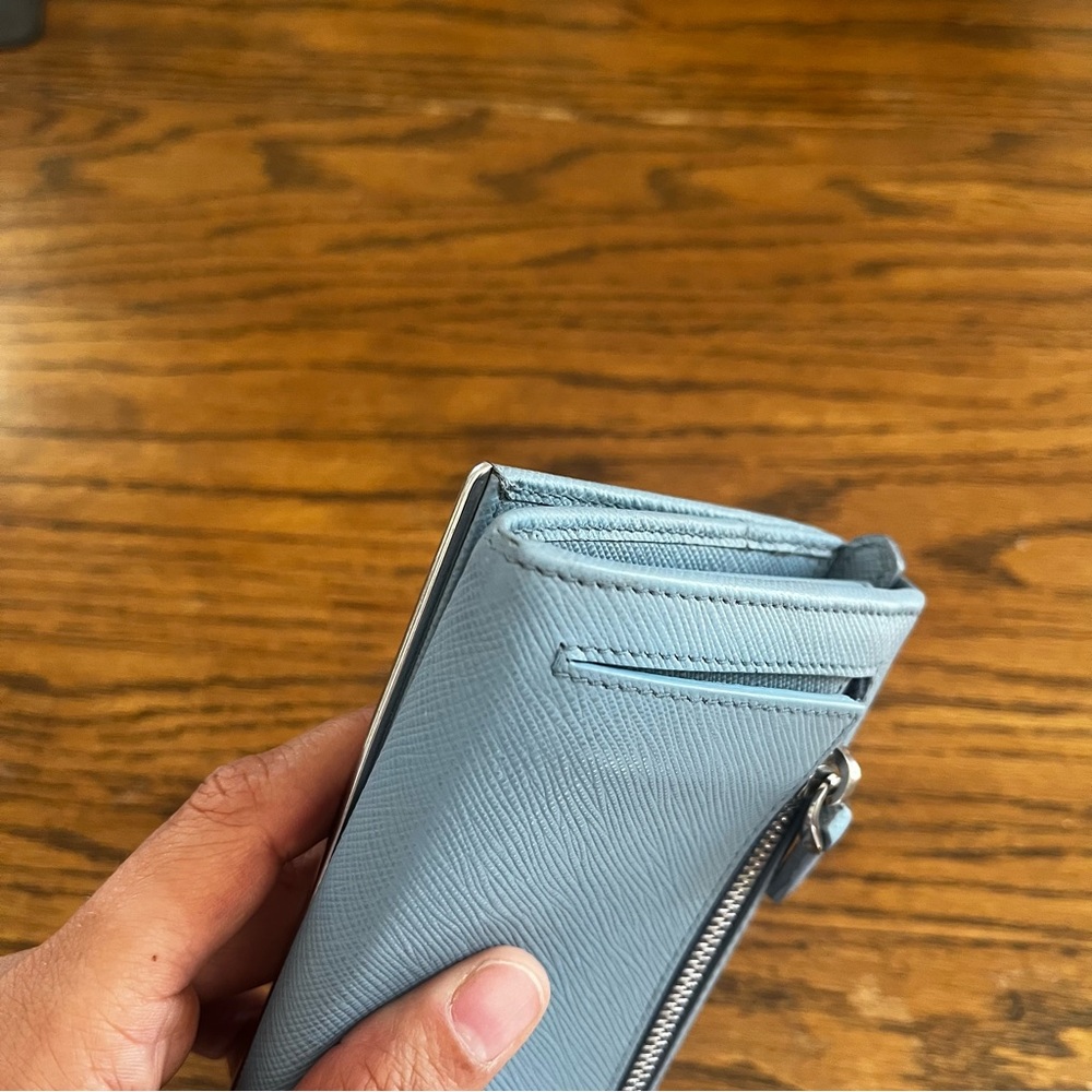 Prada Saffiano Leather Light Blue Metal Flap Bar Continental Wallet - Picture 12 of 13